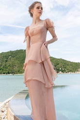 Robe longue Caroline en organza à manches courtes et col carré